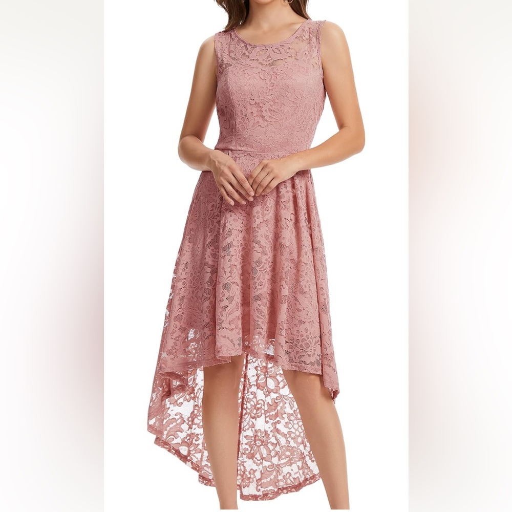 Muadress Women's Elegant Floral Lace Dress Sleeveless Crew Neck Hi-Lo Cocktail D